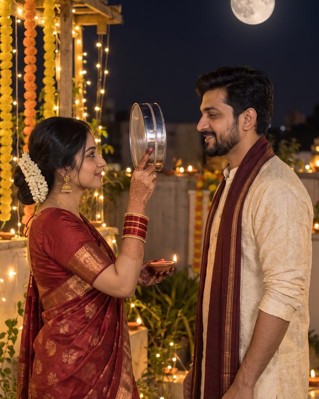Karwa Chauth video invite: couple with a sieve under the moon